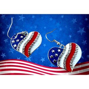 New Patriotic Heart Earrings Rhinestones Dangle Patriotic July 4 Veteran…